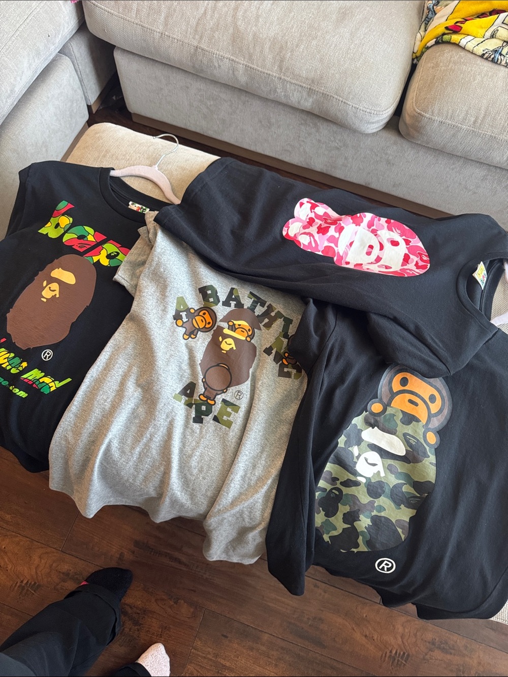 Bape Men’s Graphic Tee Set - Black & Gray with Pink Camo Accent